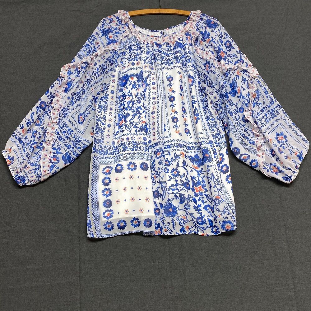 Cato Blouse Womens 14/16W Blue White Floral Boho Ruffle Balloon Sleeve Lined